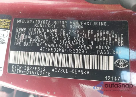 2004 Toyota Camry Le z USA, uszkodzony, nr VIN 4T1BE32K84U323295